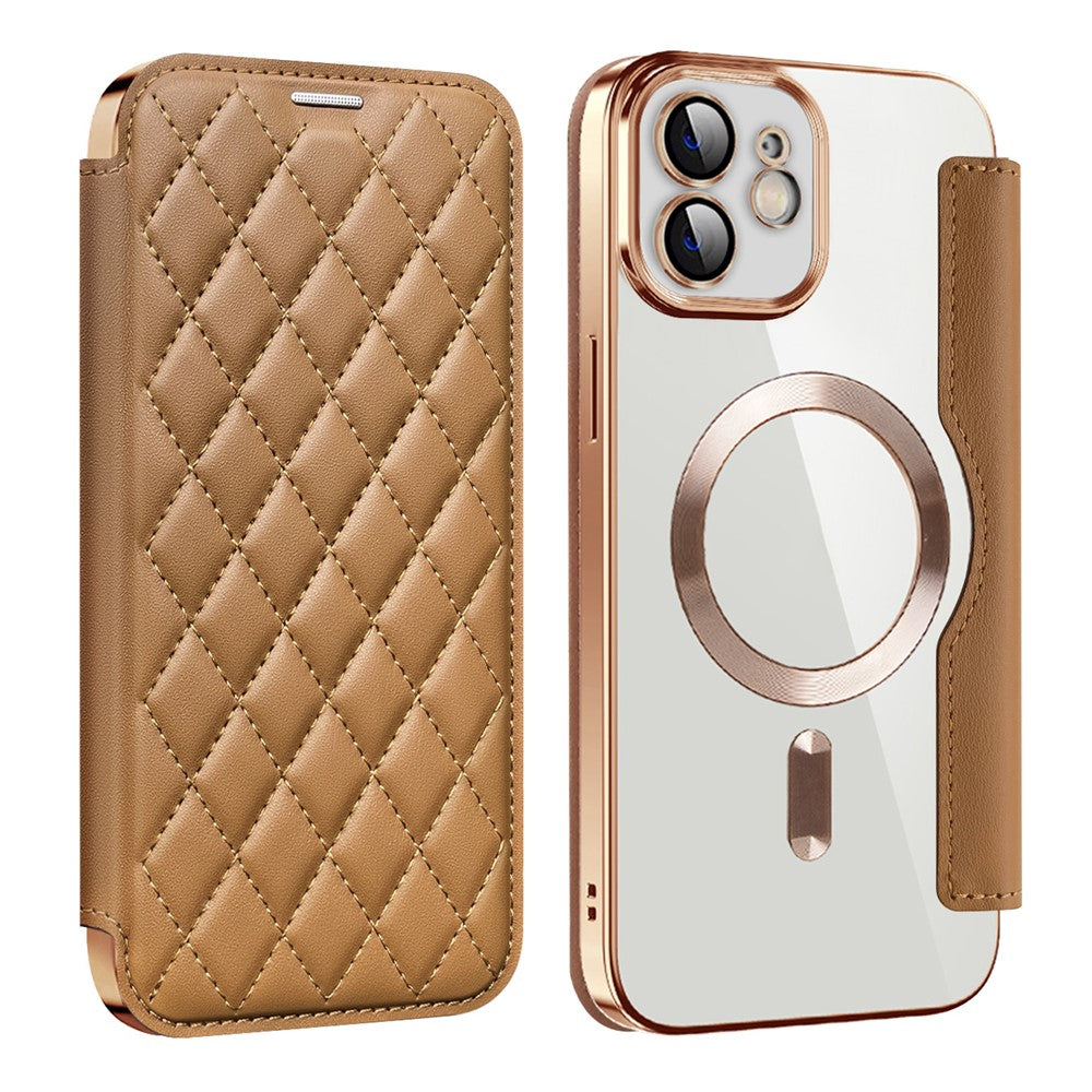 For iPhone 12 6.1 inch Card Holder Leather Phone Case Compatible with MagSafe Built-in Lens Film RFID Blocking Cover