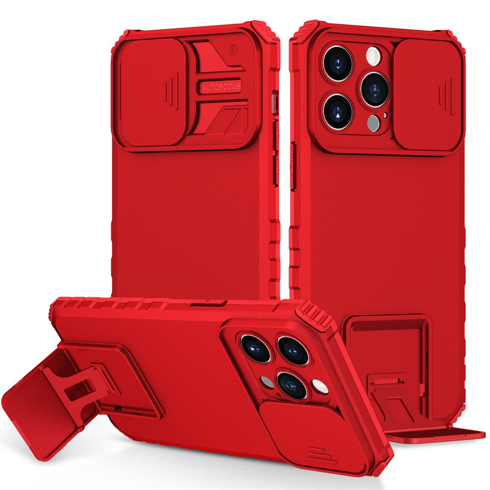 For iPhone 15 Pro Max Slide Camera Lid PC+TPU Phone Case Anti-drop Kickstand Back Cover