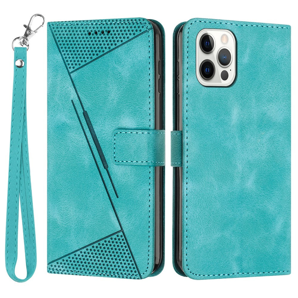 For iPhone 12 / iPhone 12 Pro 6.1 inch PU Leather Stand Phone Case Triangle Imprinted Wallet Cover with Strap