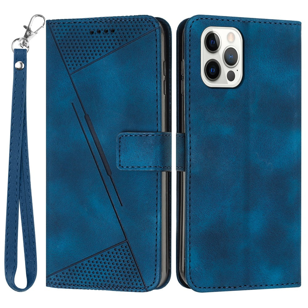 For iPhone 12 / iPhone 12 Pro 6.1 inch PU Leather Stand Phone Case Triangle Imprinted Wallet Cover with Strap