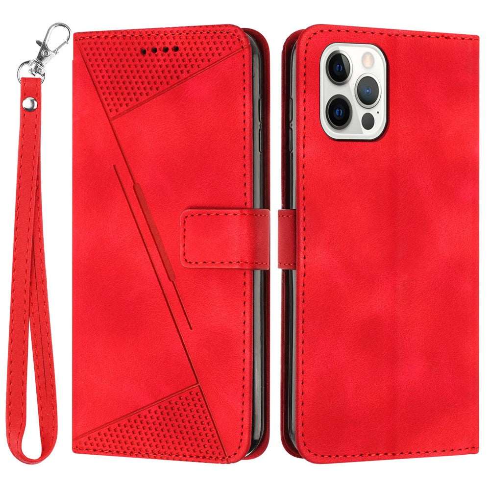 For iPhone 12 / iPhone 12 Pro 6.1 inch PU Leather Stand Phone Case Triangle Imprinted Wallet Cover with Strap