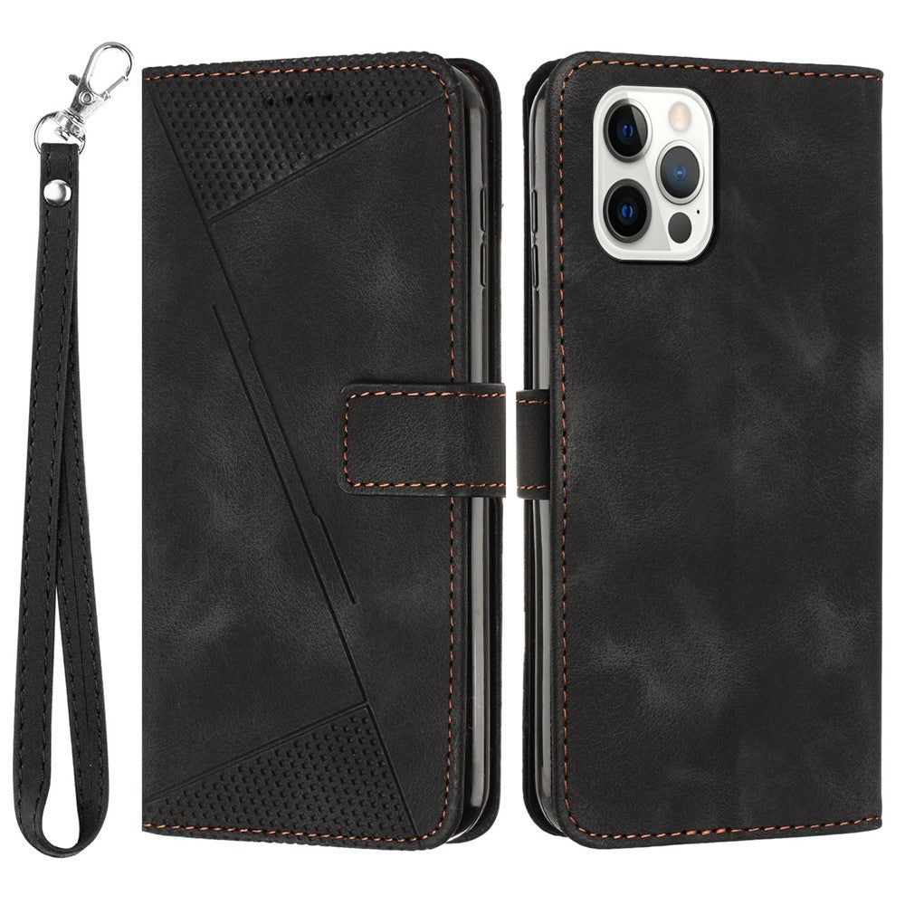 For iPhone 12 / iPhone 12 Pro 6.1 inch PU Leather Stand Phone Case Triangle Imprinted Wallet Cover with Strap