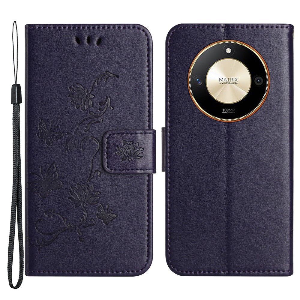 For Honor X50 Butterfly Flower Imprinted Drop-proof Phone Case PU Leather Wallet Stand Cover