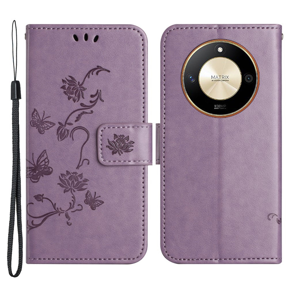 For Honor X50 Butterfly Flower Imprinted Drop-proof Phone Case PU Leather Wallet Stand Cover