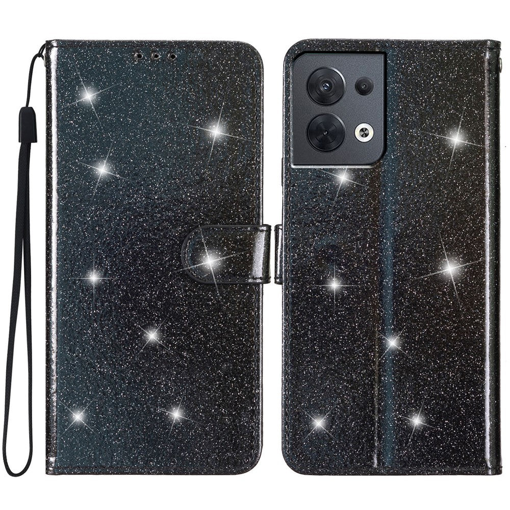 For Oppo Reno8 5G (Global Version) PU Leather Case Glittery Phone Cover with Wallet Stand