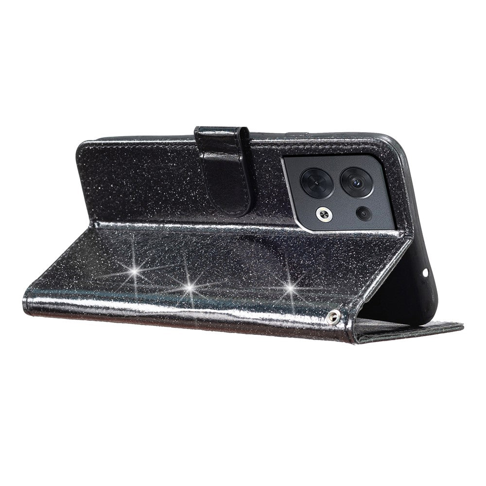 For Oppo Reno8 5G (Global Version) PU Leather Case Glittery Phone Cover with Wallet Stand
