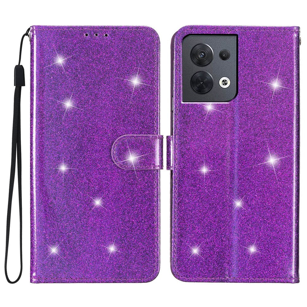 For Oppo Reno8 5G (Global Version) PU Leather Case Glittery Phone Cover with Wallet Stand
