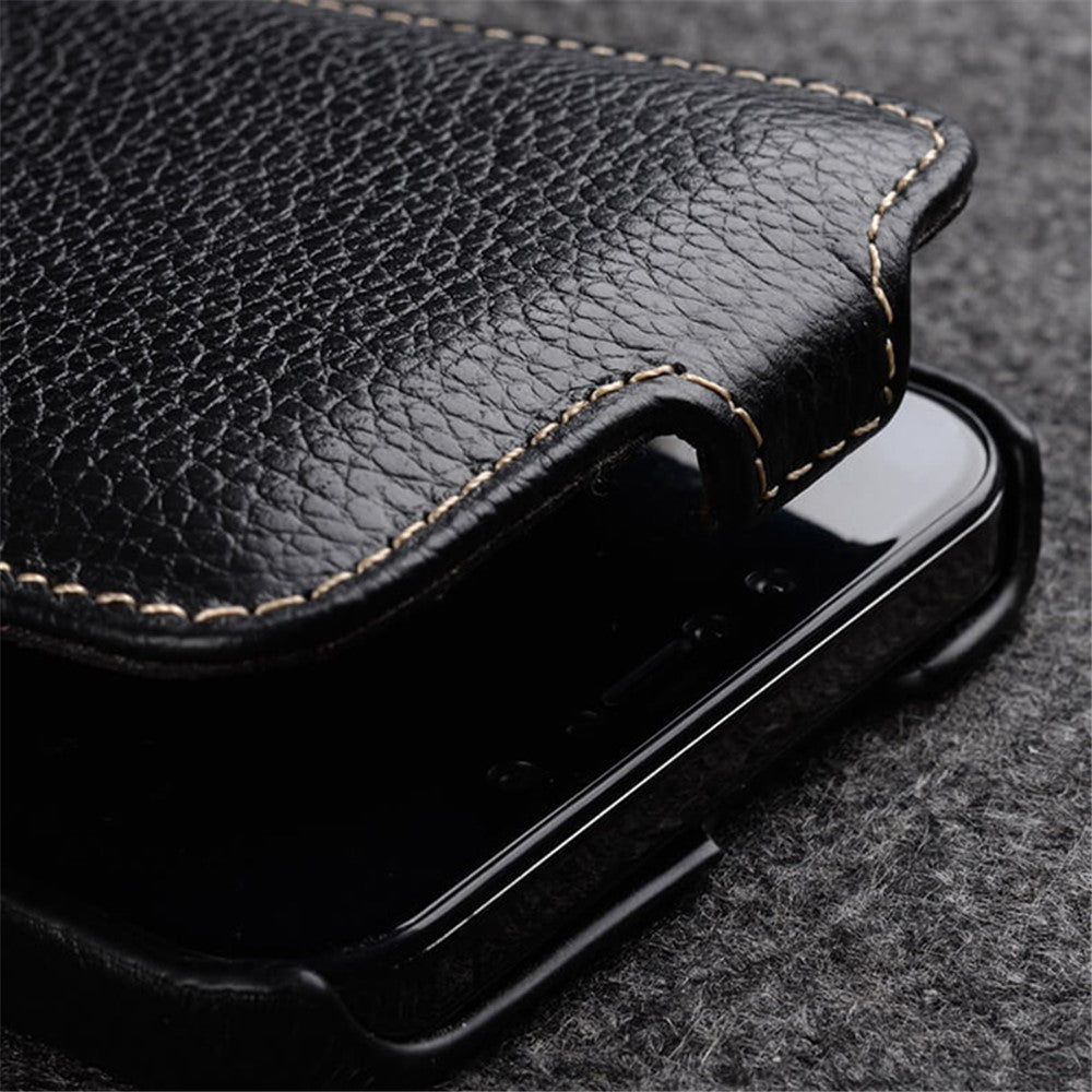 MELKCO For iPhone 13 mini Genuine Cow Leather+PC Phone Case Vertical Flip Litchi Texture Protective Cover
