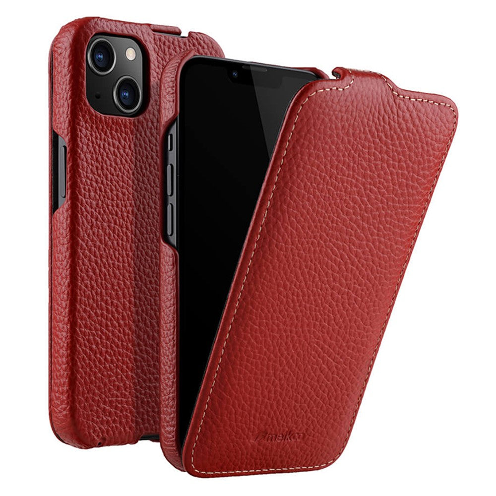 MELKCO For iPhone 13 mini Genuine Cow Leather+PC Phone Case Vertical Flip Litchi Texture Protective Cover