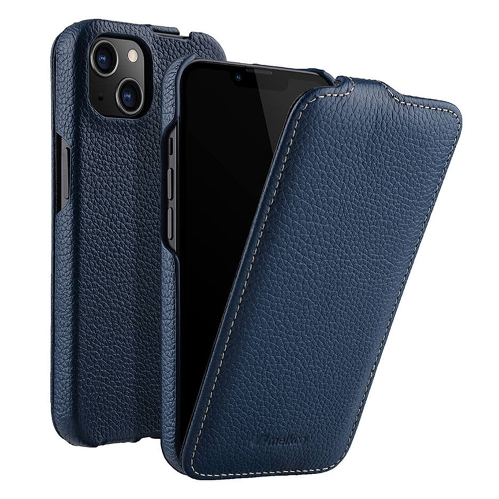 MELKCO For iPhone 13 mini Genuine Cow Leather+PC Phone Case Vertical Flip Litchi Texture Protective Cover