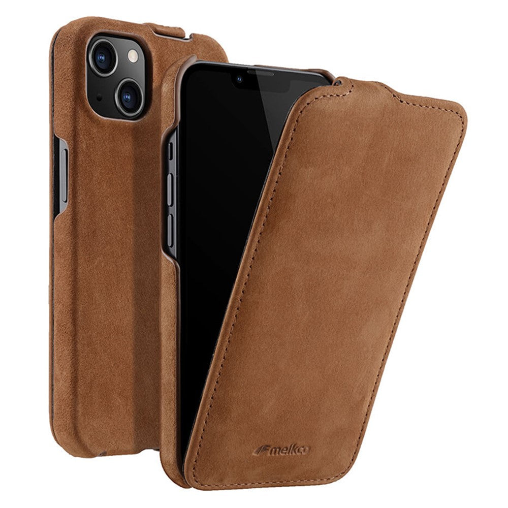 MELKCO For iPhone 13 mini Genuine Cow Leather+PC Phone Case Vertical Flip Litchi Texture Protective Cover