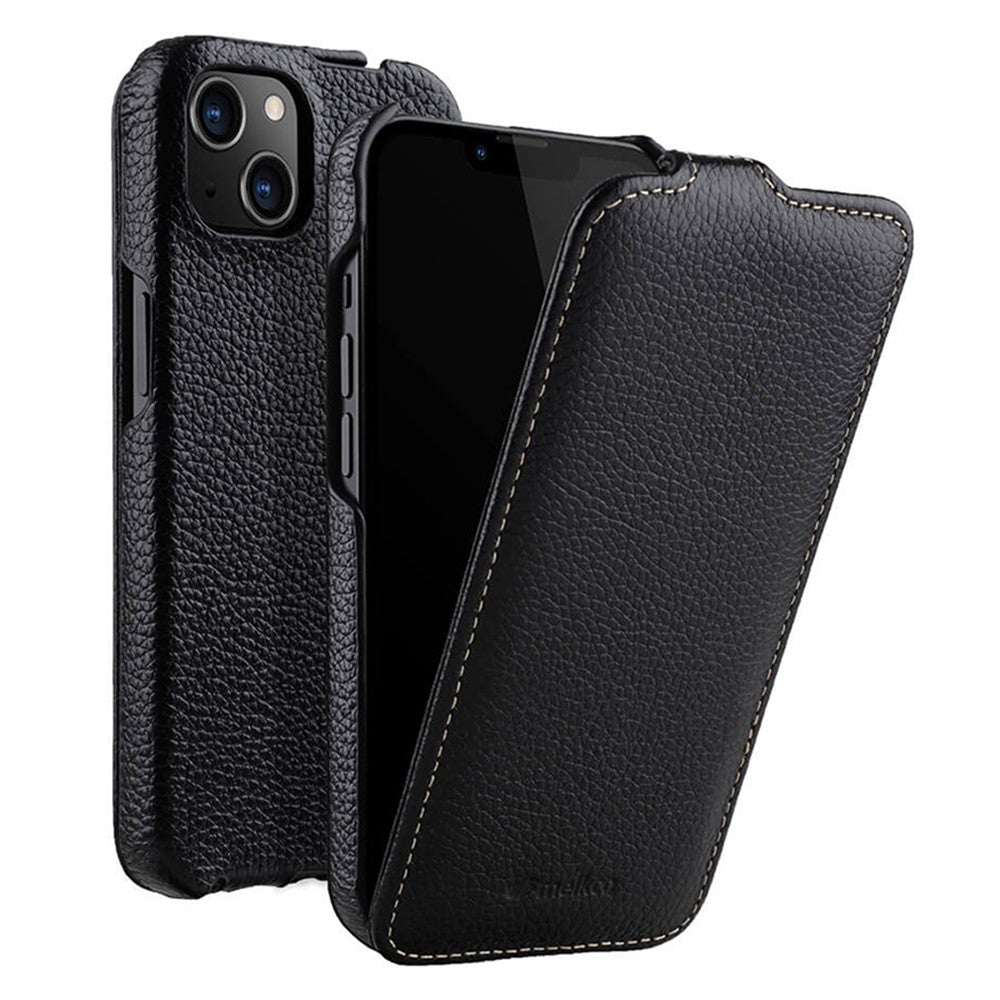 MELKCO For iPhone 13 mini Genuine Cow Leather+PC Phone Case Vertical Flip Litchi Texture Protective Cover