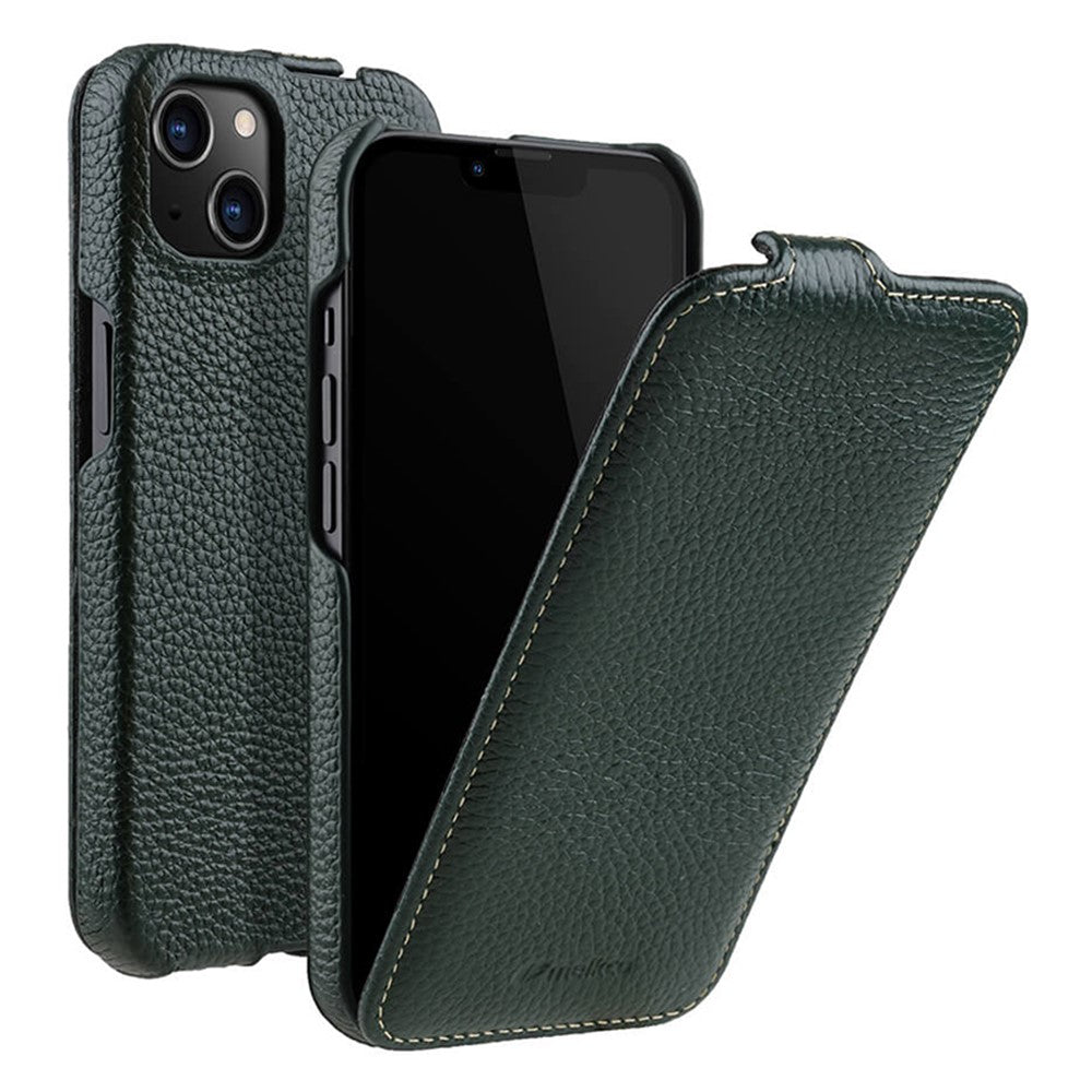 MELKCO For iPhone 13 mini Genuine Cow Leather+PC Phone Case Vertical Flip Litchi Texture Protective Cover