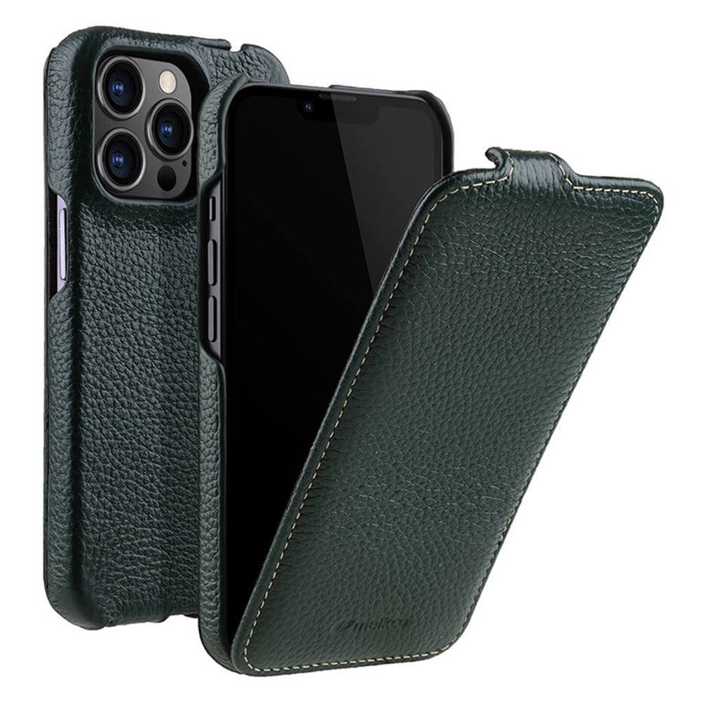 MELKCO For iPhone 12 / 12 Pro Vertical Flip Phone Case Genuine Cow Leather+PC Matte Cover