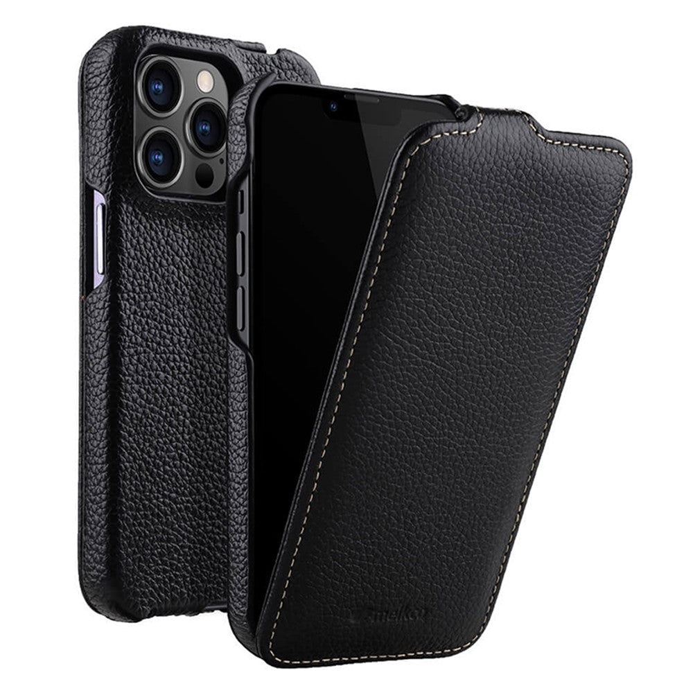 MELKCO For iPhone 12 / 12 Pro Vertical Flip Phone Case Genuine Cow Leather+PC Matte Cover