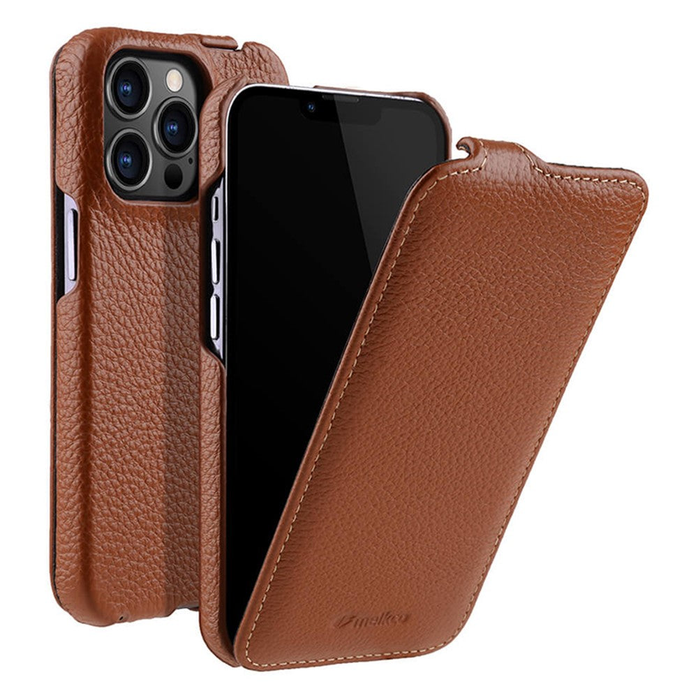MELKCO For iPhone 12 / 12 Pro Vertical Flip Phone Case Genuine Cow Leather+PC Matte Cover