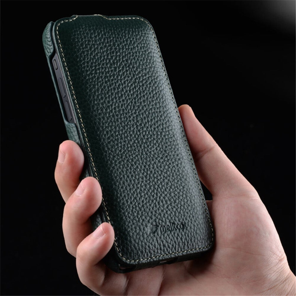MELKCO For iPhone 13 Pro Max Phone Protective Shell Litchi Texture Genuine Cow Leather+PC Vertical Flip Case
