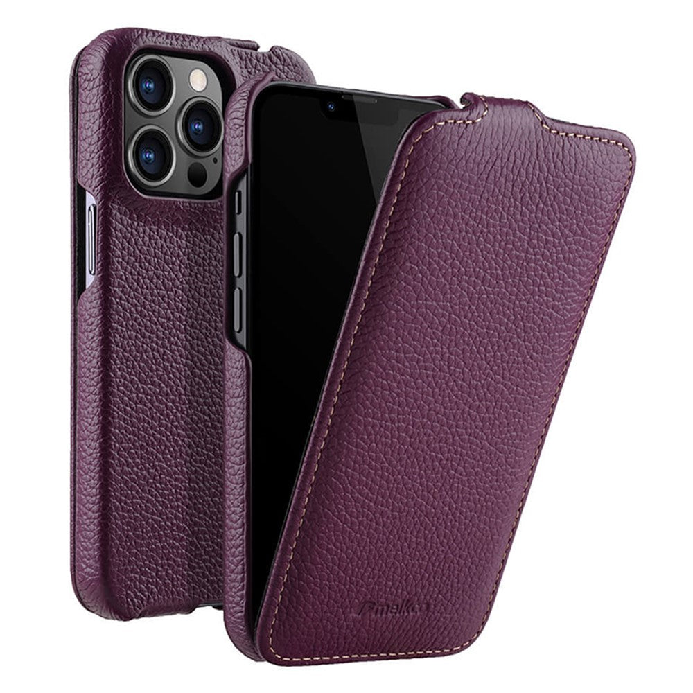 MELKCO Skyddande Skal för iPhone 13 Pro Max i Litchi-textur i äkta nötläder + PC Vertikalt Flip-skal