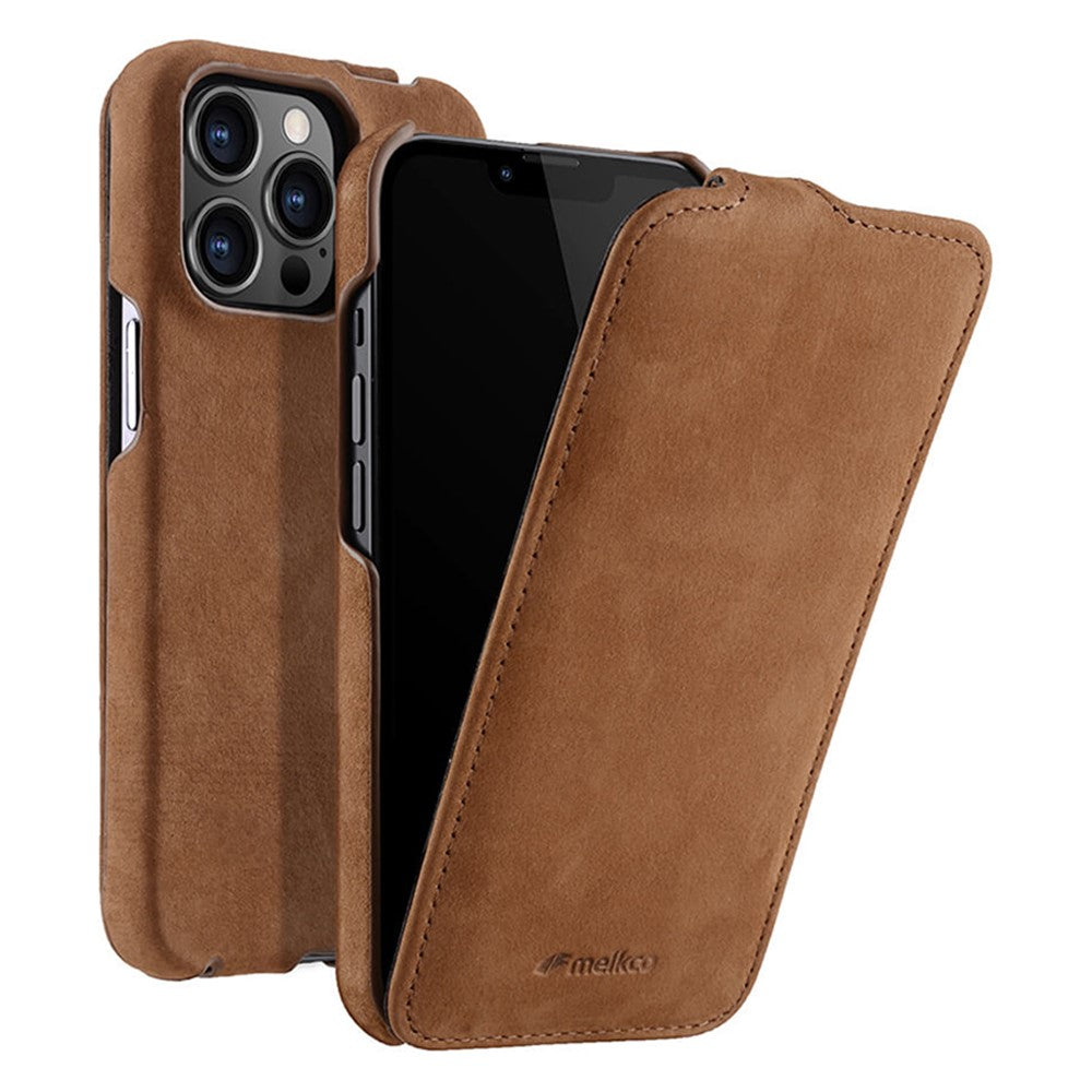 MELKCO For iPhone 13 Pro Max Phone Protective Shell Litchi Texture Genuine Cow Leather+PC Vertical Flip Case
