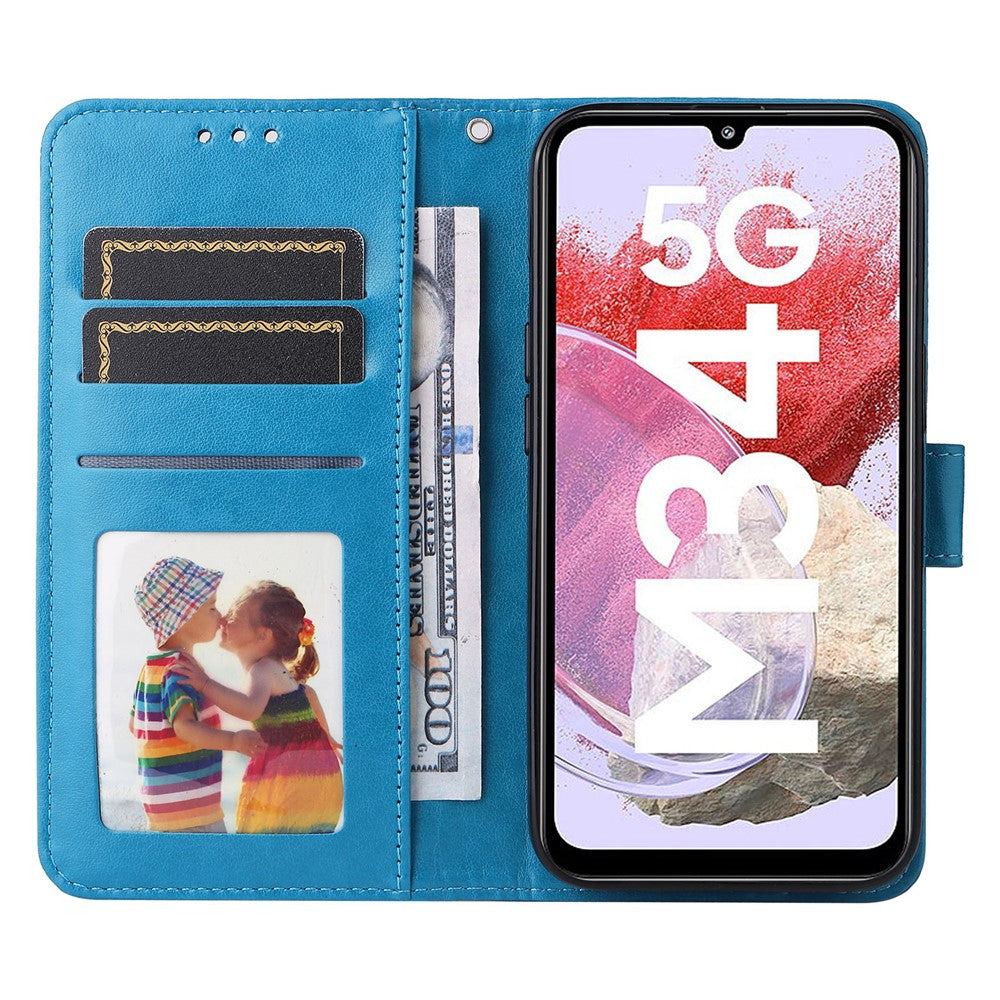 Samsung Galaxy F34 5G / M34 5G ridsefast mobilcover med solsikketryk, PU-læder og tegnebogsfunktion
