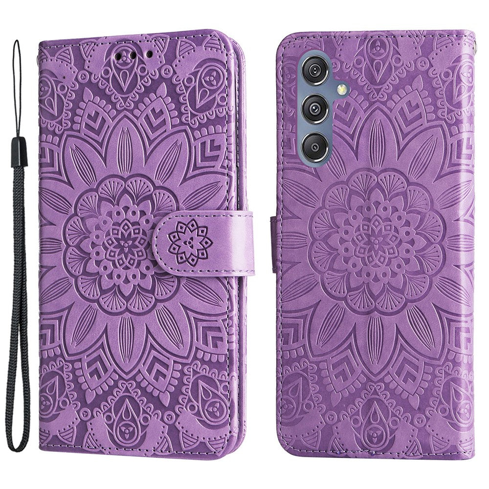 Samsung Galaxy F34 5G / M34 5G ridsefast mobilcover med solsikketryk, PU-læder og tegnebogsfunktion