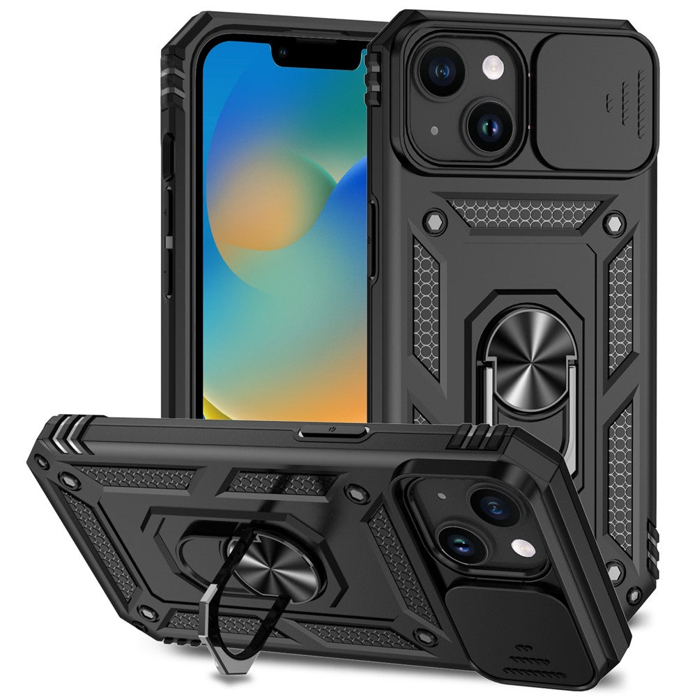 Slide Kameraskyddsskal till iPhone 15 Plus Skal Metallring Stativ PC + TPU Skal