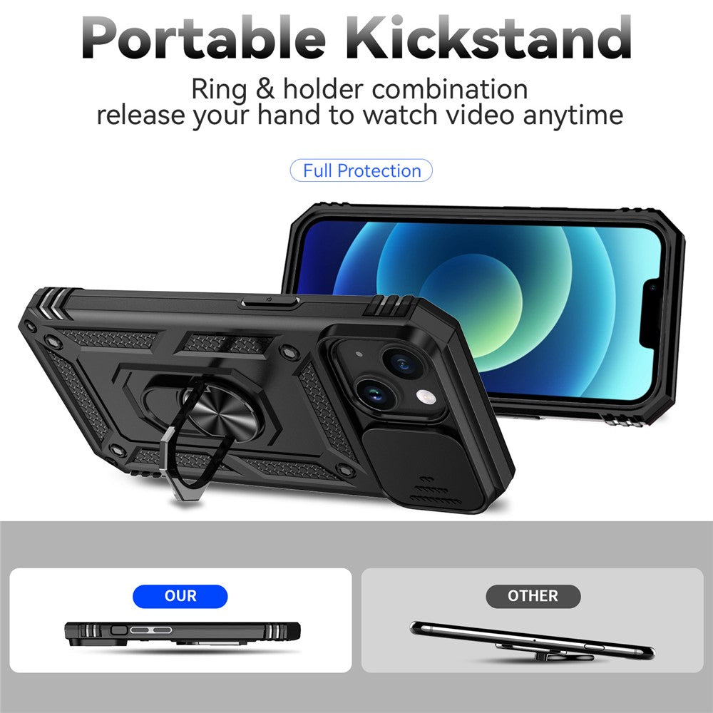 Slide Kameraskyddsskal till iPhone 15 Plus Skal Metallring Stativ PC + TPU Skal
