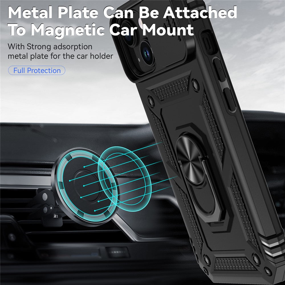 Slide Kameraskyddsskal till iPhone 15 Plus Skal Metallring Stativ PC + TPU Skal