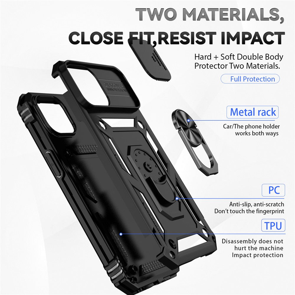Slide Kameraskyddsskal till iPhone 15 Plus Skal Metallring Stativ PC + TPU Skal