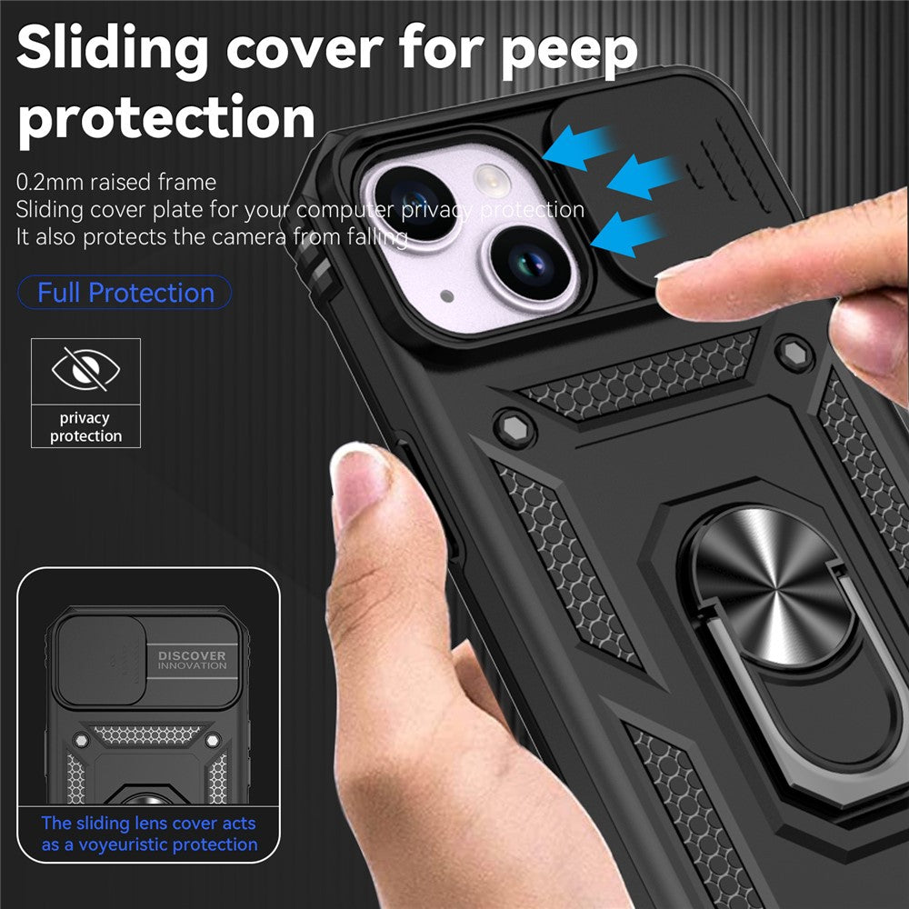 Slide Kameraskyddsskal till iPhone 15 Plus Skal Metallring Stativ PC + TPU Skal