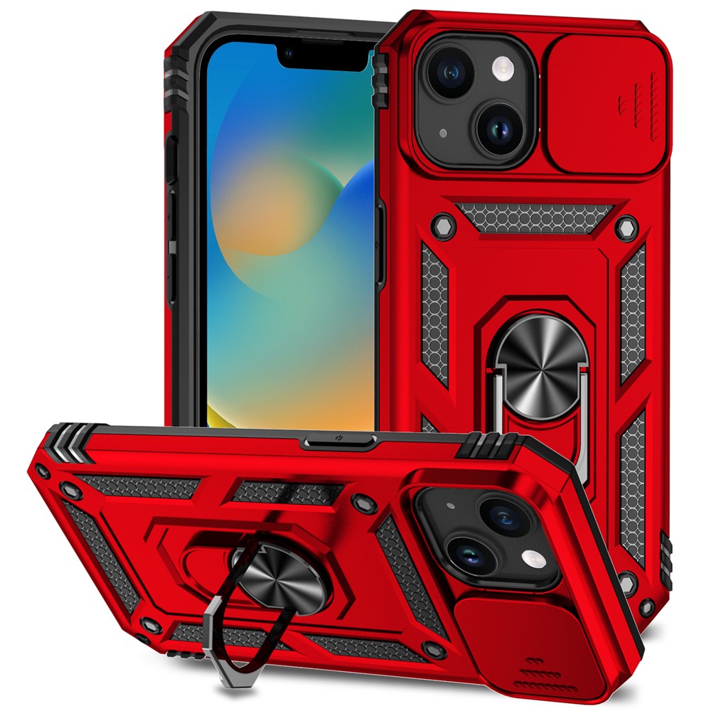Slide Kameraskyddsskal till iPhone 15 Plus Skal Metallring Stativ PC + TPU Skal