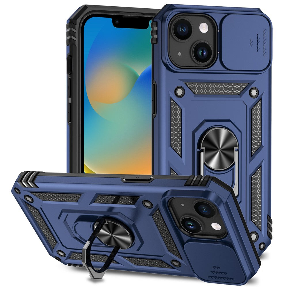 Slide Kameraskyddsskal till iPhone 15 Plus Skal Metallring Stativ PC + TPU Skal