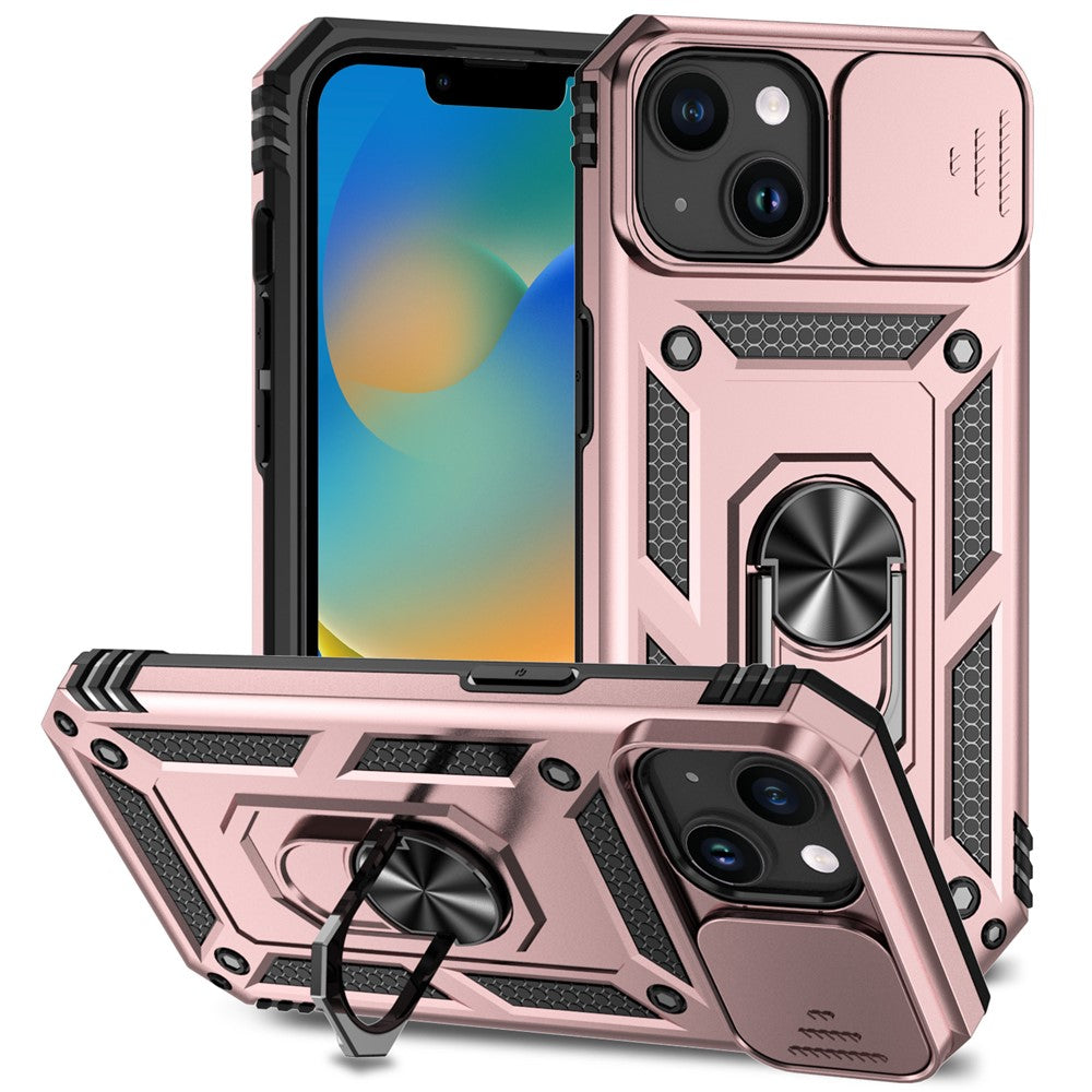 Slide Kameraskyddsskal till iPhone 15 Plus Skal Metallring Stativ PC + TPU Skal