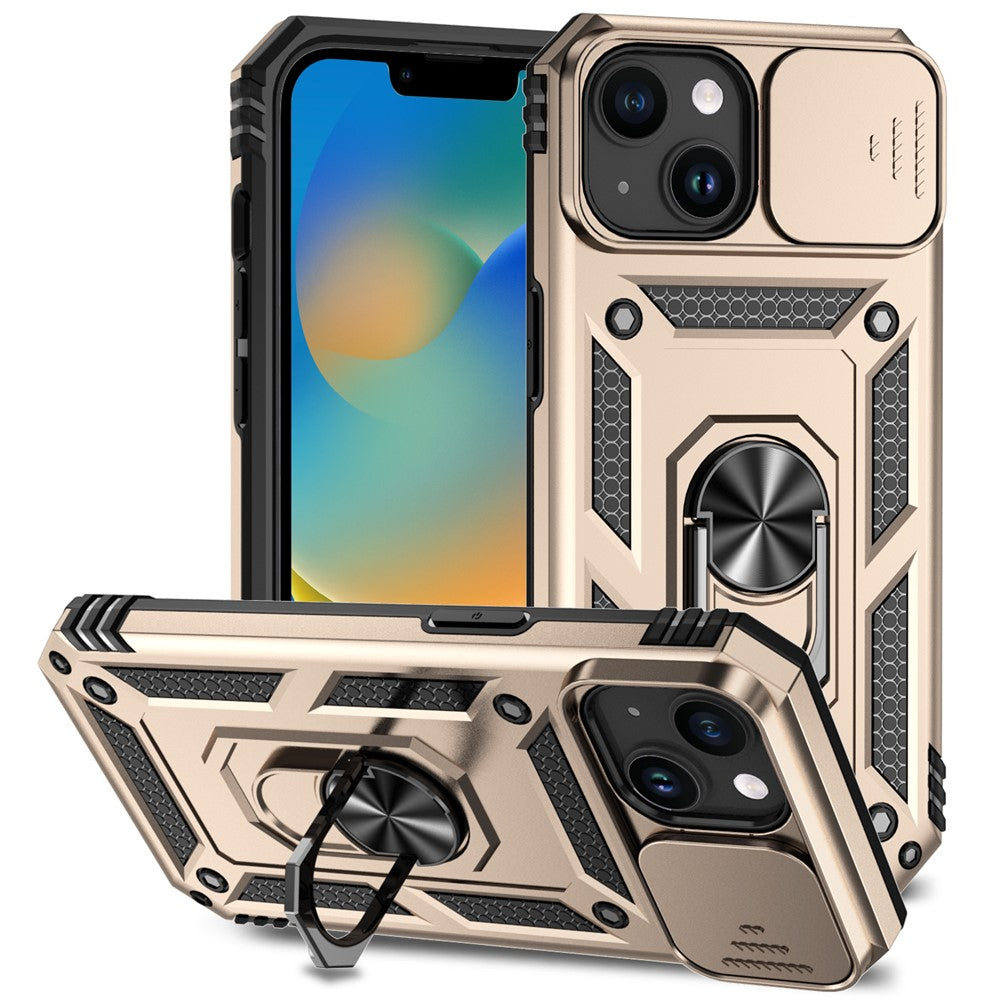 Slide Kameraskyddsskal till iPhone 15 Plus Skal Metallring Stativ PC + TPU Skal