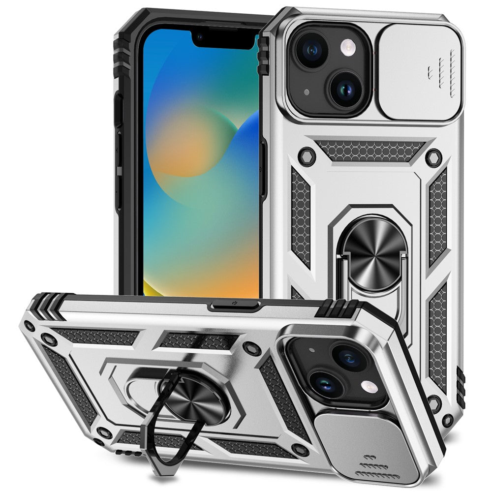 Slide Kameraskyddsskal till iPhone 15 Plus Skal Metallring Stativ PC + TPU Skal