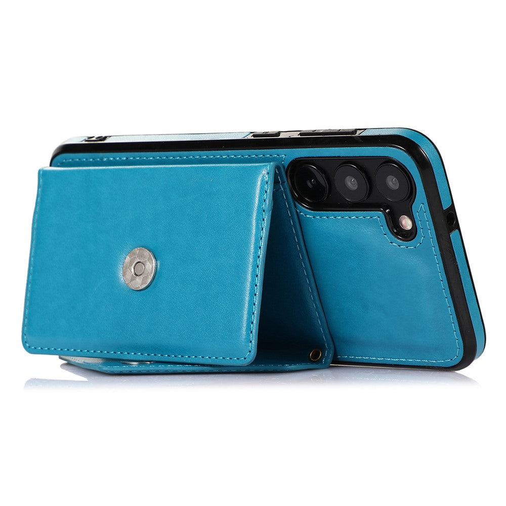 For Samsung Galaxy S23+ Card Holders Phone Case PU Leather Coated TPU Kickstand Cover with Shoulder Strap