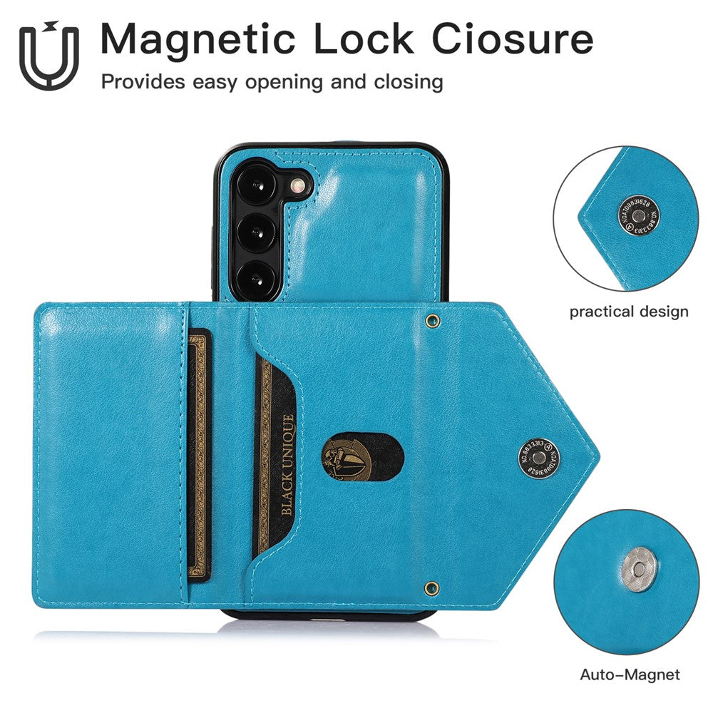 For Samsung Galaxy S23+ Card Holders Phone Case PU Leather Coated TPU Kickstand Cover with Shoulder Strap
