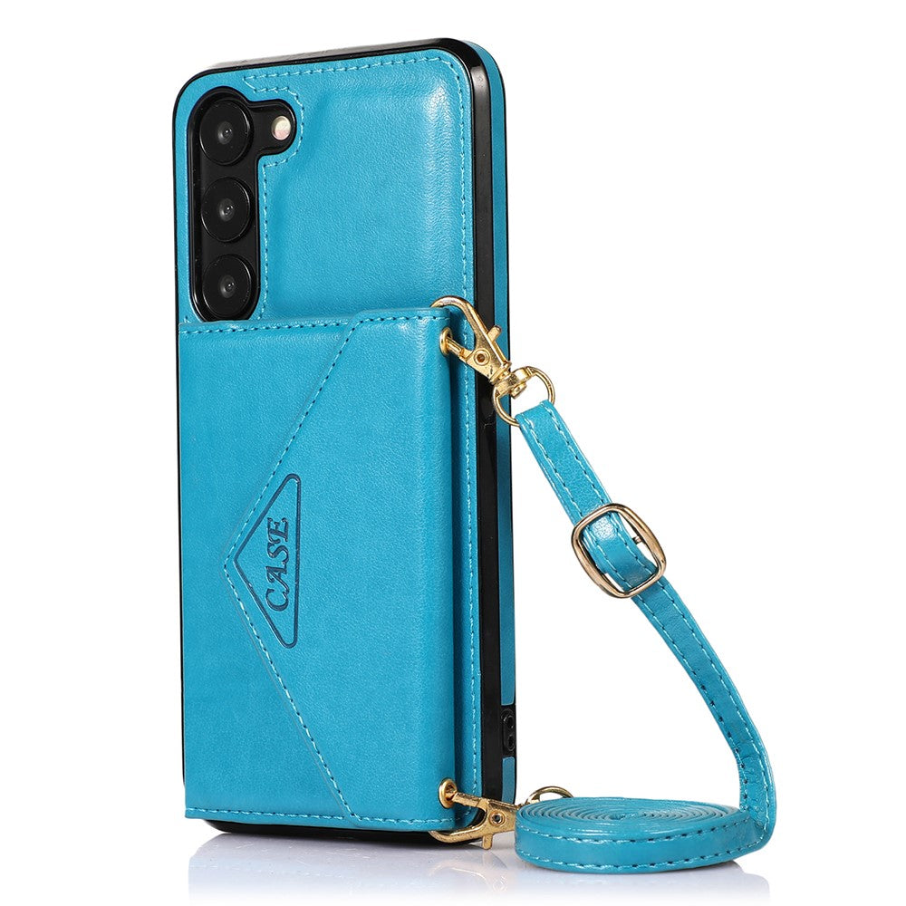 For Samsung Galaxy S23+ Card Holders Phone Case PU Leather Coated TPU Kickstand Cover with Shoulder Strap