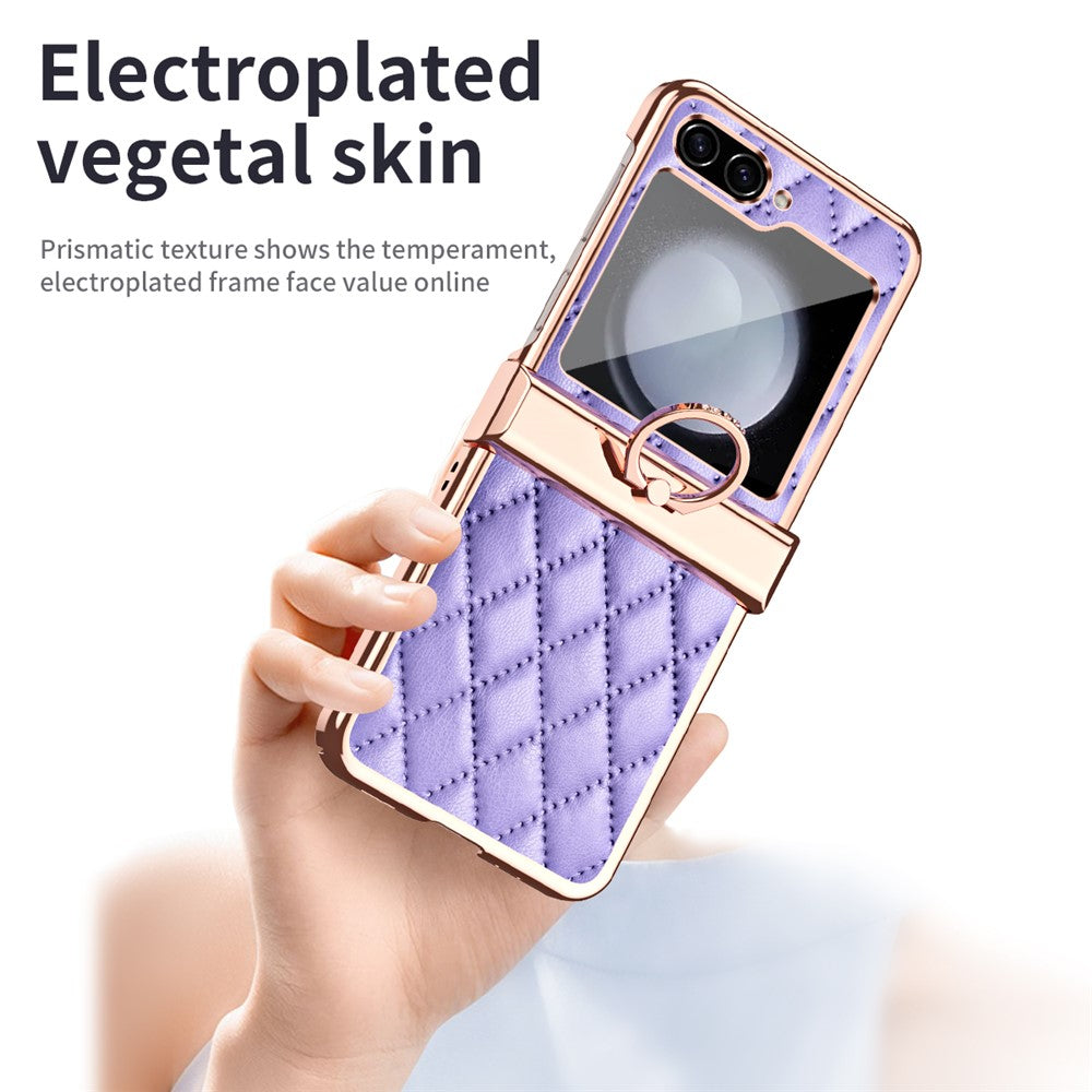 Stitching Line Imprinted Phone Case for Samsung Galaxy Z Flip5 5G PU+PC Kickstand Electroplating Phone Cover