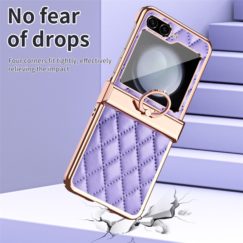 Stitching Line Imprinted Phone Case for Samsung Galaxy Z Flip5 5G PU+PC Kickstand Electroplating Phone Cover