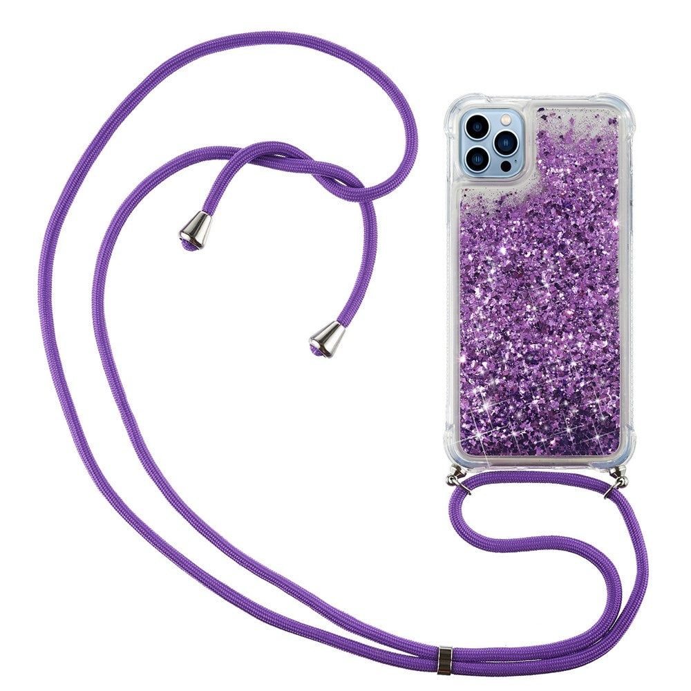 Til iPhone 15 Pro Gradient Liquid Sequins Etui TPU Mobilcover med Lang Rem