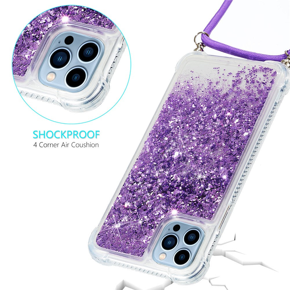 For iPhone 15 Pro Gradient Liquid Sequins Case TPU Cell Phone Cover with Long Strap