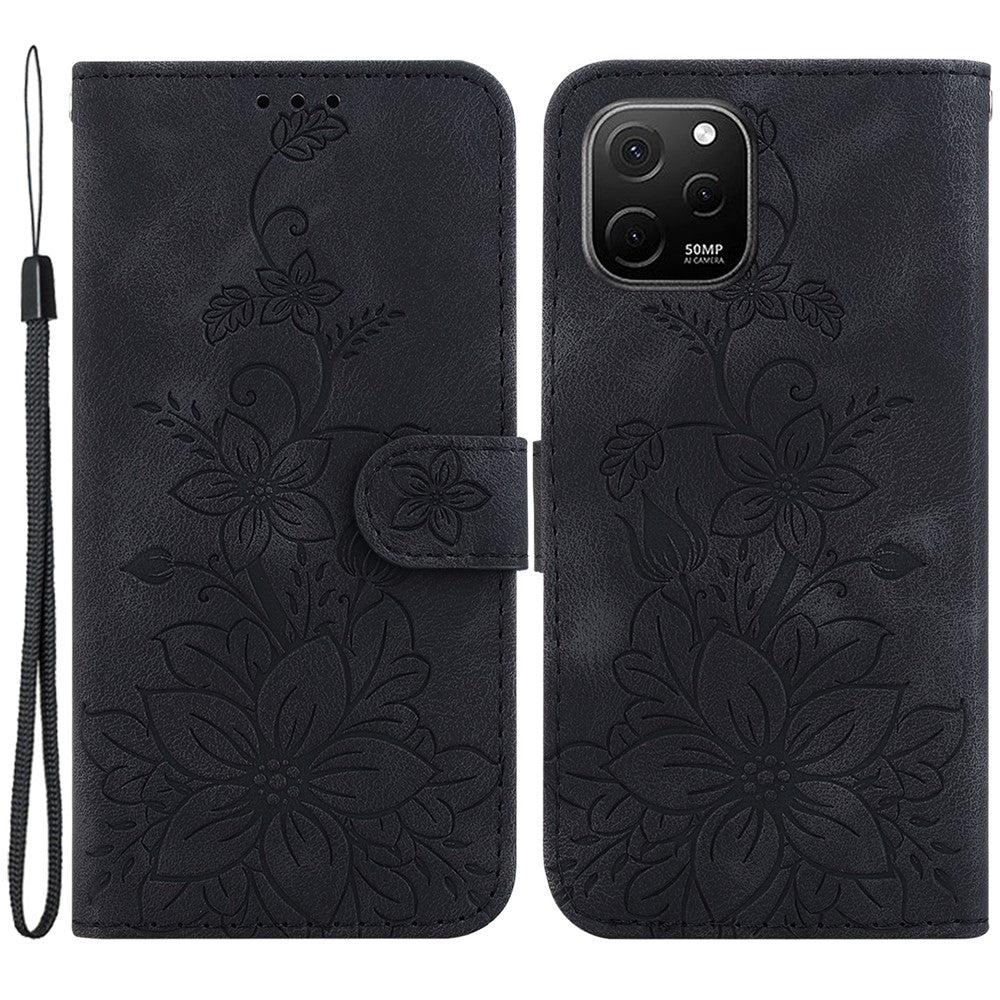 Plånboksfodral med präglad lilja till Huawei nova Y61 4G, stativ i PU-läder för mobil