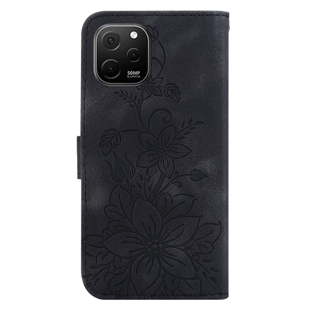 Pungcover med præget lilje til Huawei nova Y61 4G, mobilholder i PU-læder