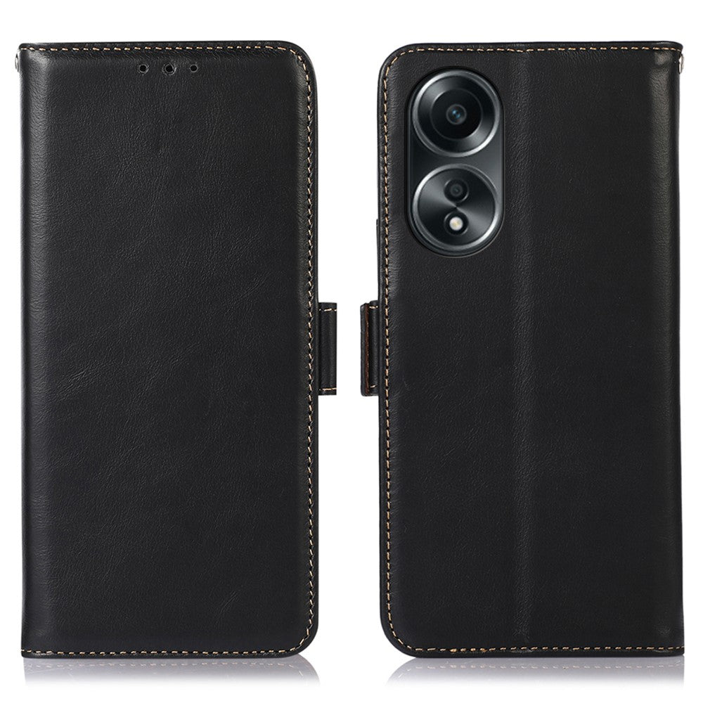 RFID Blocking Phone Cover for Oppo A58 4G , Wallet Stand Genuine Cow Leather Phone Case