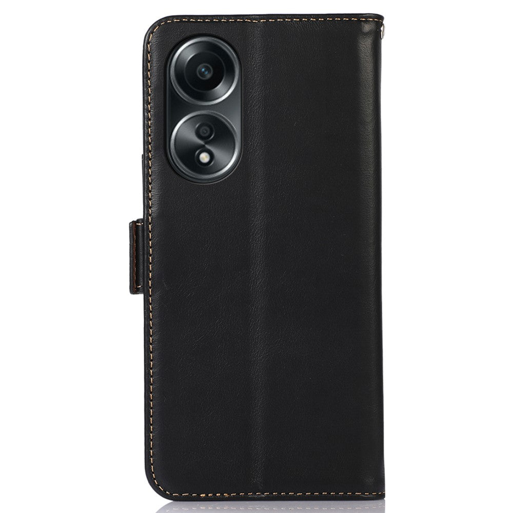 RFID Blocking Phone Cover for Oppo A58 4G , Wallet Stand Genuine Cow Leather Phone Case