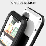 LOVE MEI för iPhone 12 helkroppsskyddande skal stötsäkert metall + silikonmobilskal med härdat glasfilm