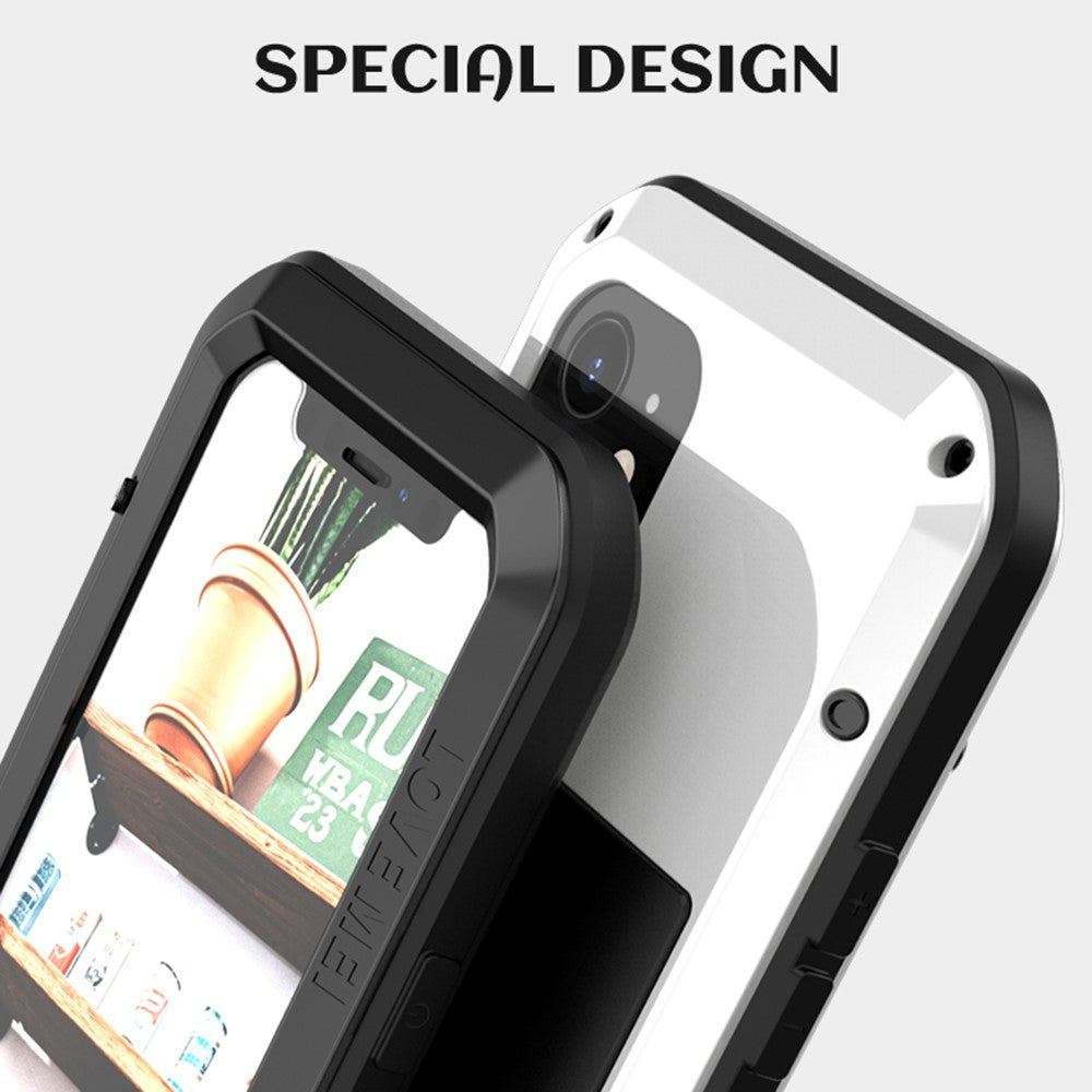 LOVE MEI för iPhone 12 helkroppsskyddande skal stötsäkert metall + silikonmobilskal med härdat glasfilm