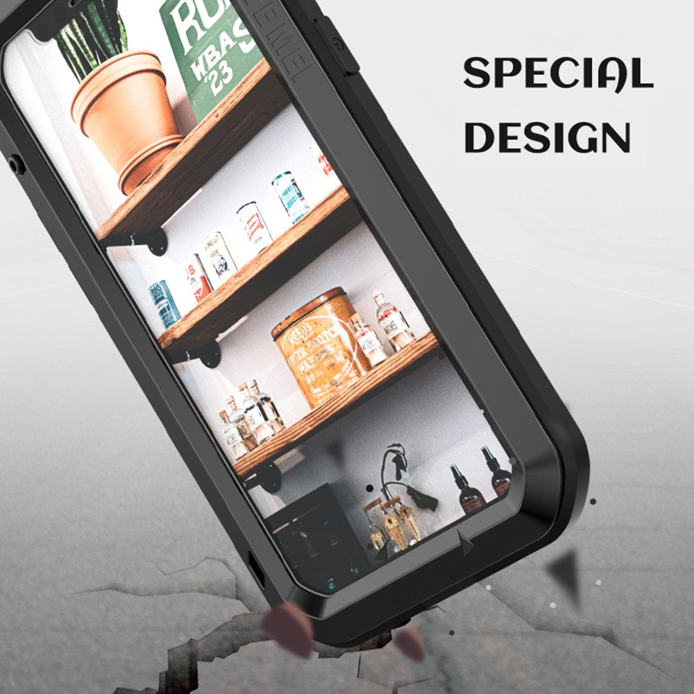 LOVE MEI för iPhone 12 helkroppsskyddande skal stötsäkert metall + silikonmobilskal med härdat glasfilm