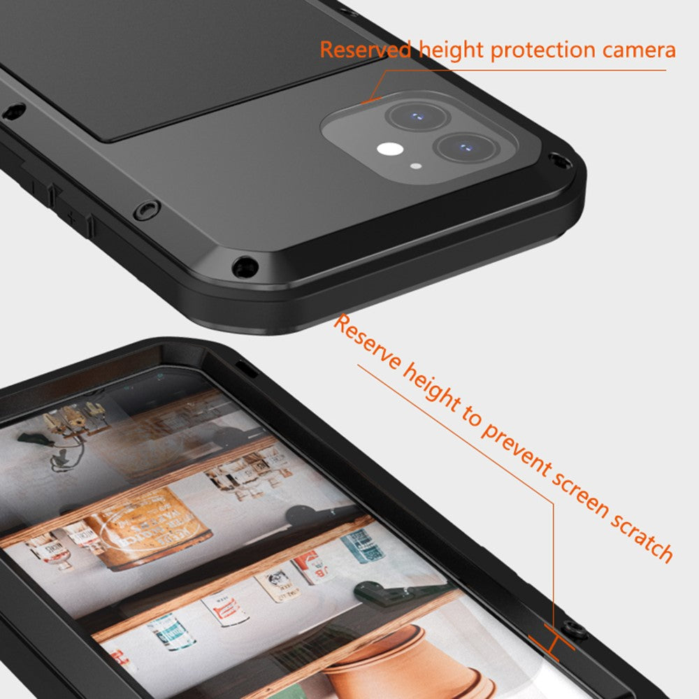 LOVE MEI för iPhone 12 helkroppsskyddande skal stötsäkert metall + silikonmobilskal med härdat glasfilm